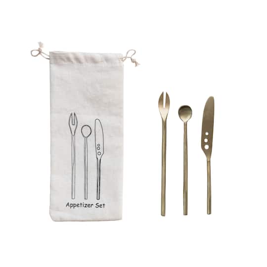 Hello Honey® 6" Brass Appetizer Cutlery Kitchen Set with Printed Drawstring Bag